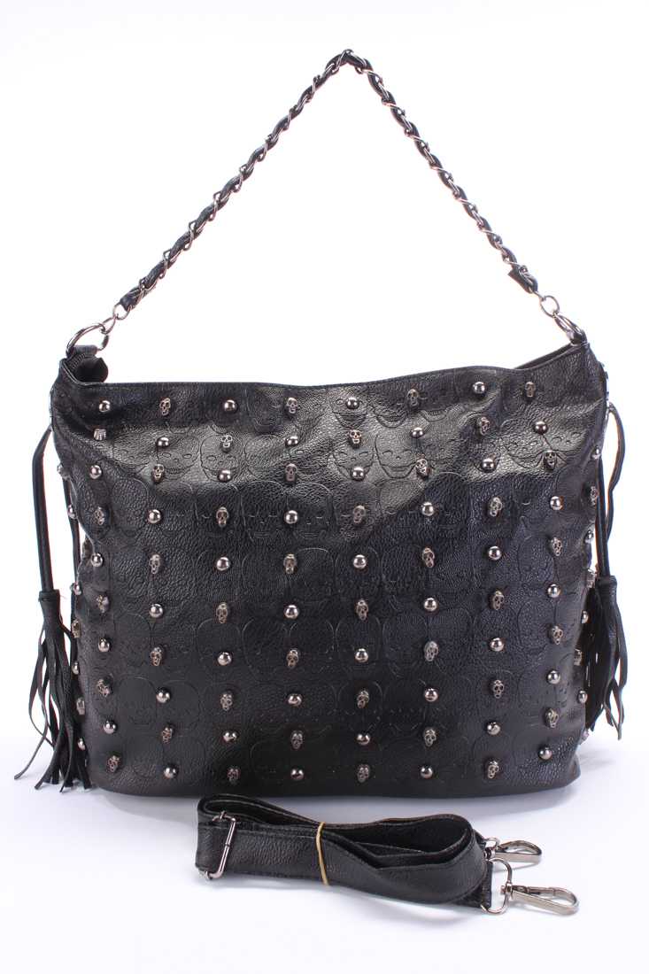 Black Faux Leather Skull Studded Pattern Edgy Summer Purse