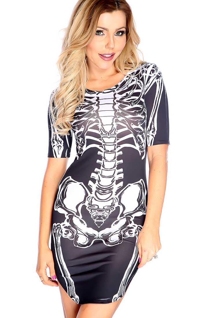 Sexy Black White Short Sleeve Skeleton Print Casual Dress