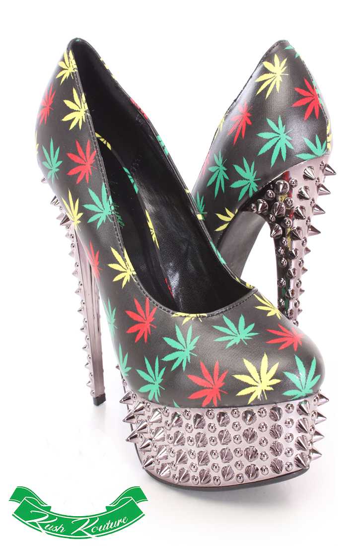 Black Multi Herbal Leaf Pump High Heels Faux Leather