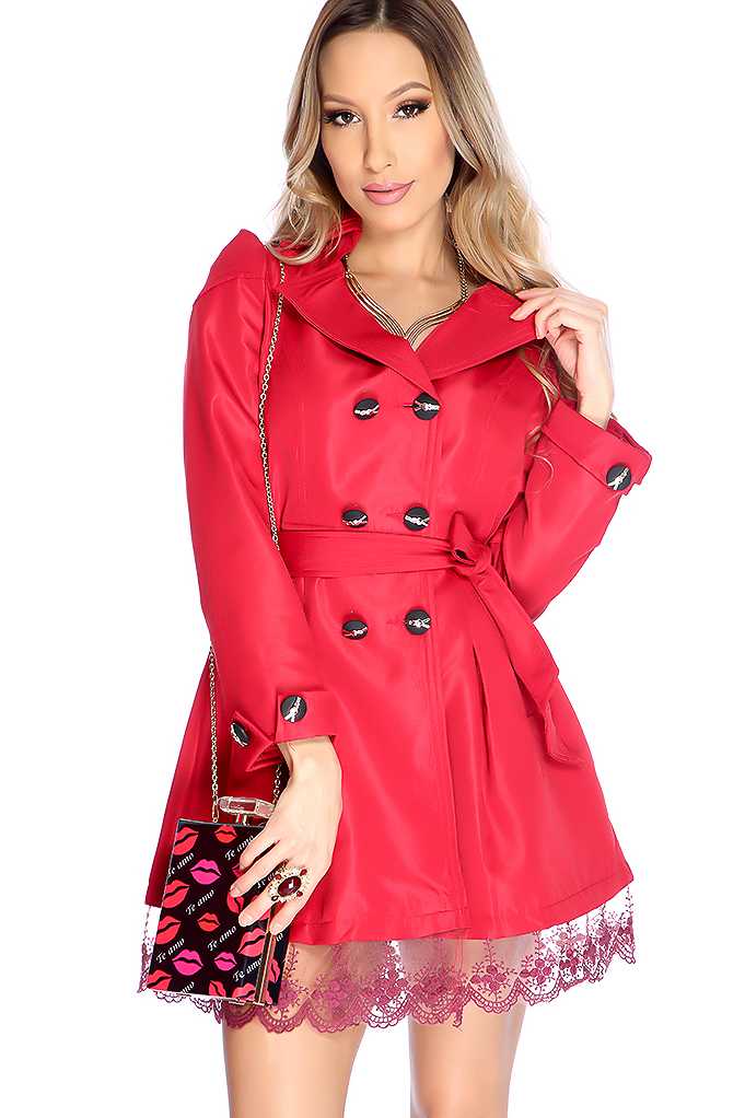Wine Long Sleeve Scallop Lace Trim Jacket