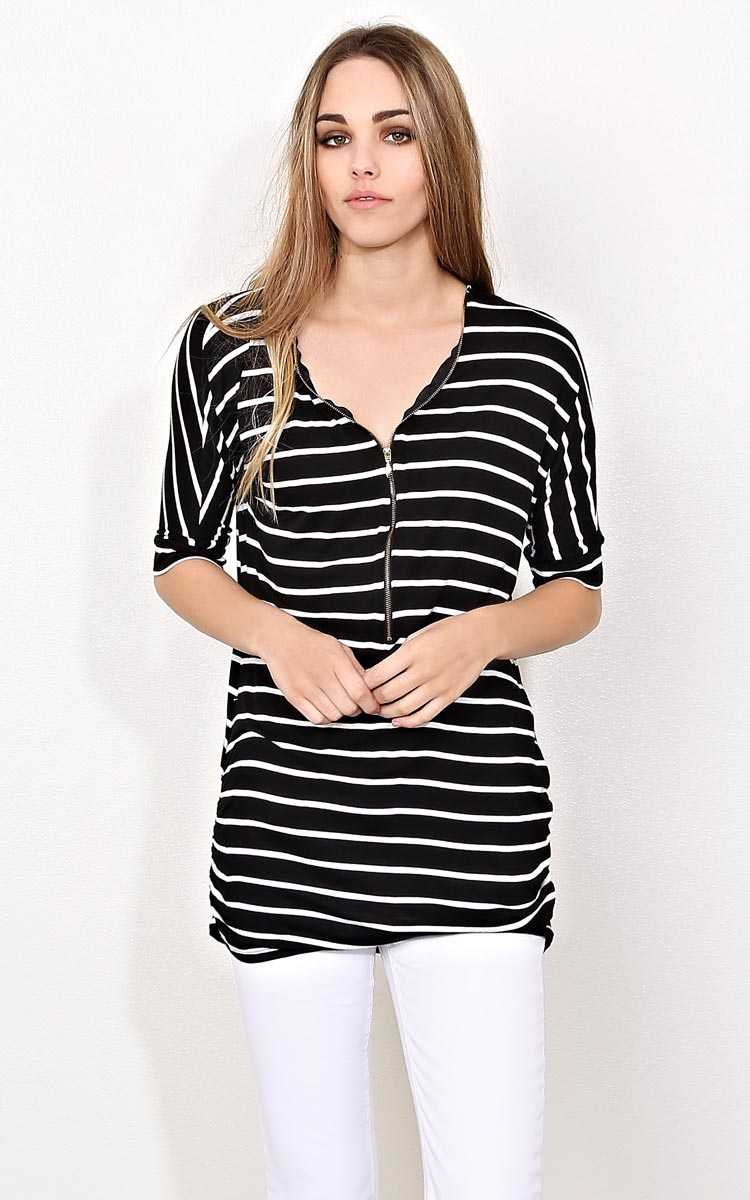 Black Striped Zippered Knit Dolman - - Black/White in Size by Styles For Less