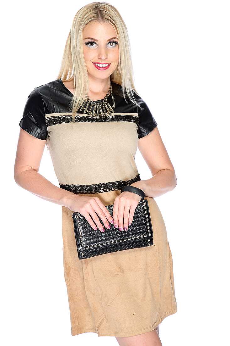 Sexy Beige Faux Leather Floral Crochet A-line Dress