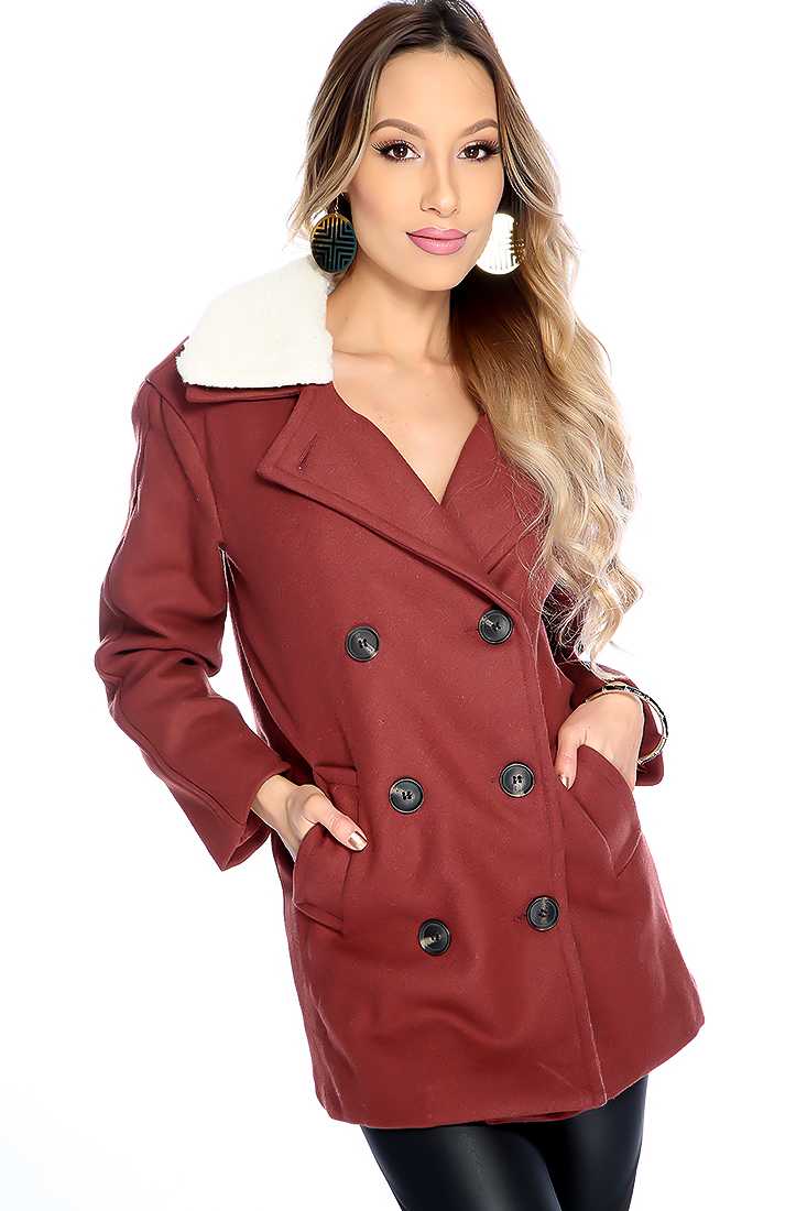 Stylish Wine Long Sleeve Button Up Coat