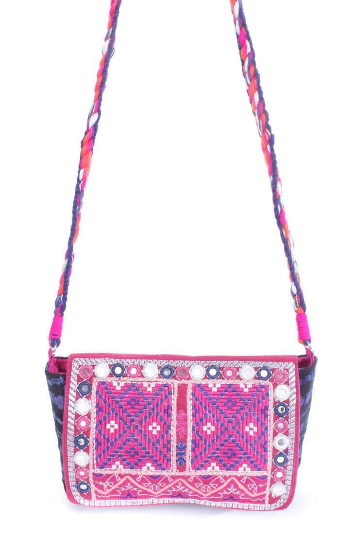 Navy Fuchsia Stitch Detailing Cross Body Bag