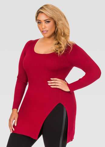 Slit Front Fitted Ribbed Sweater