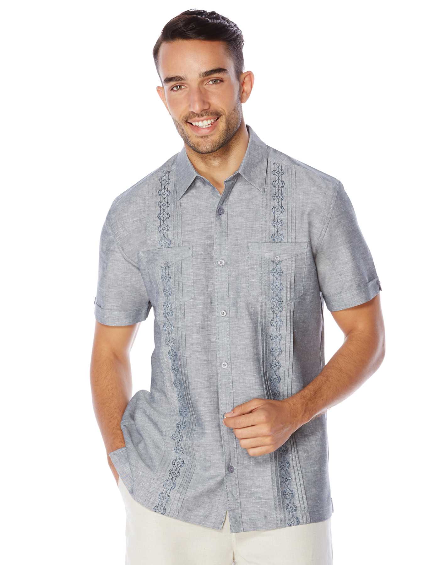 Cubavera Slim Fit Short Sleeve 2 Pocket Geo Embroidered Shirt