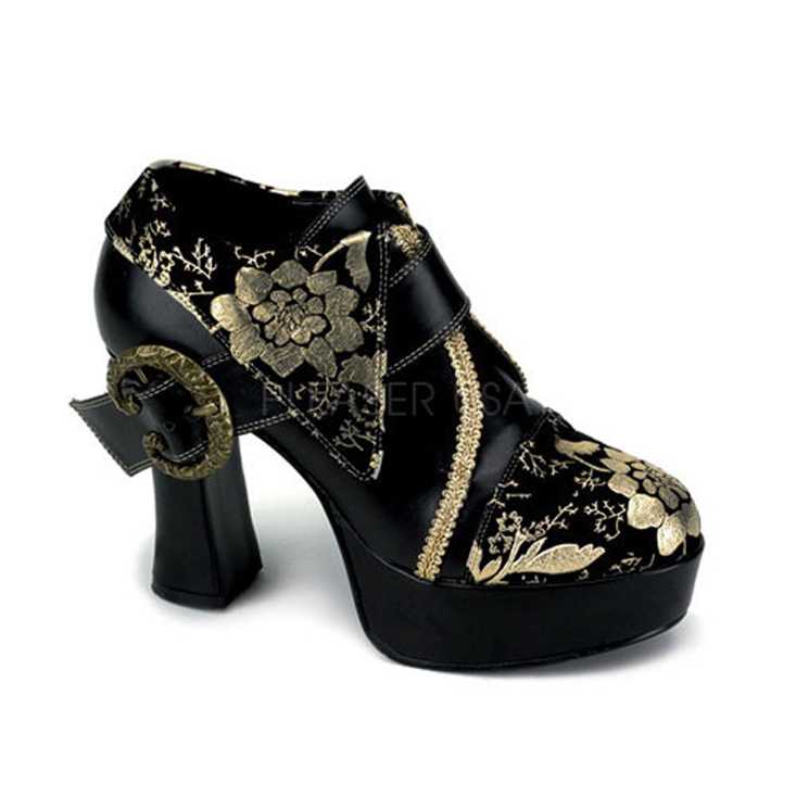 Black Gold Faux Leather Floral Embroidery High Heels