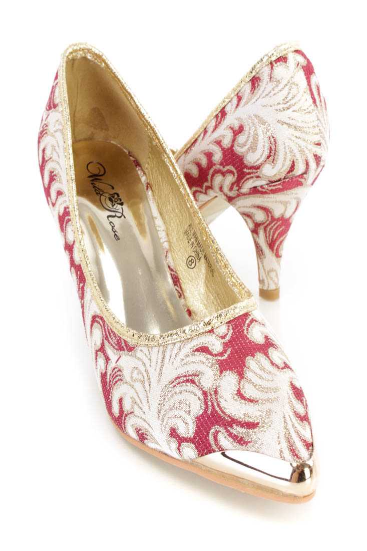 Red Filigree Embroidered Single Sole Pump Heels Fabric