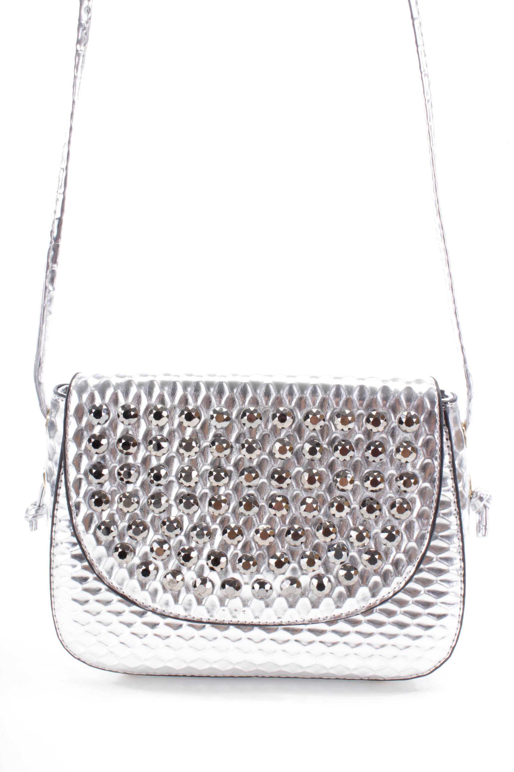 Silver Patent Faux Leather Faceted Beaded Handbag