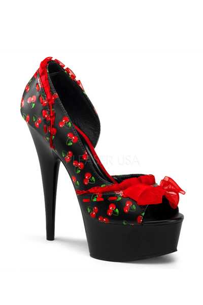Black Cherry Print Ruffled Peep Toe High Heels
