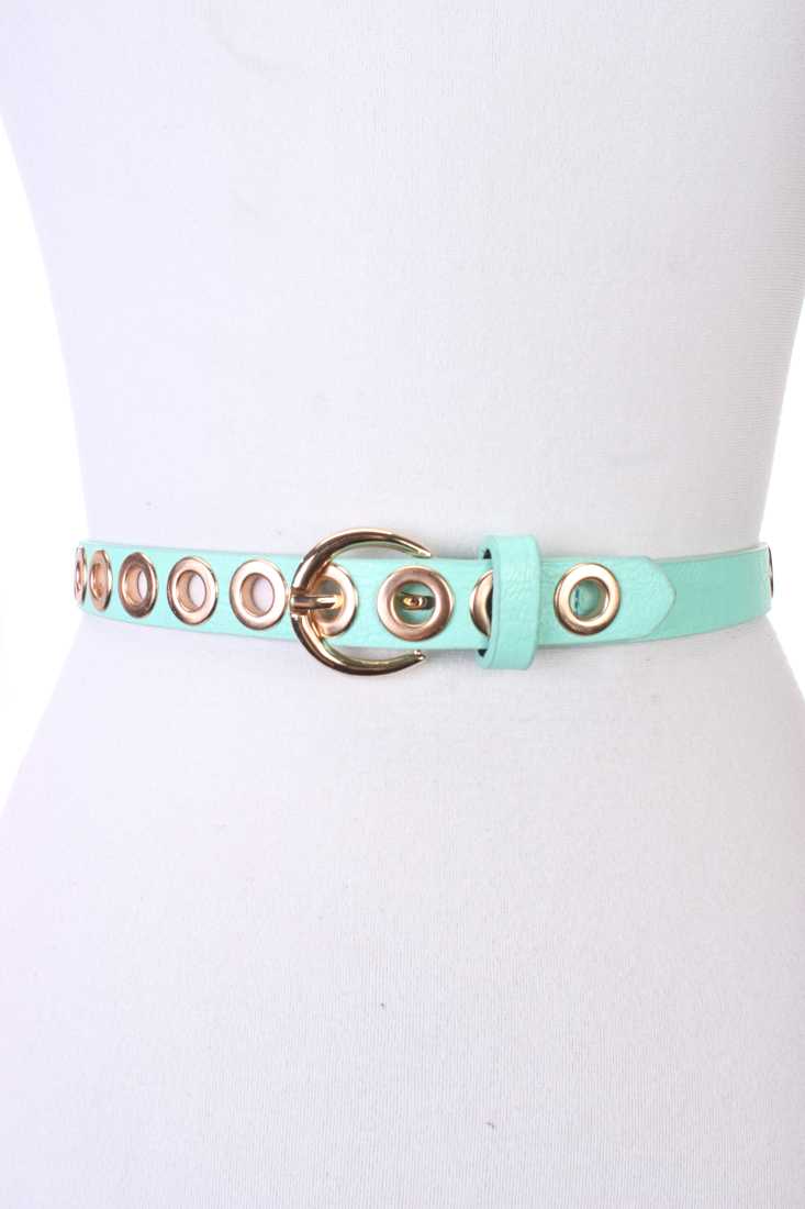 Mint Faux Leather High Polish Ring Cutout Pattern Belt