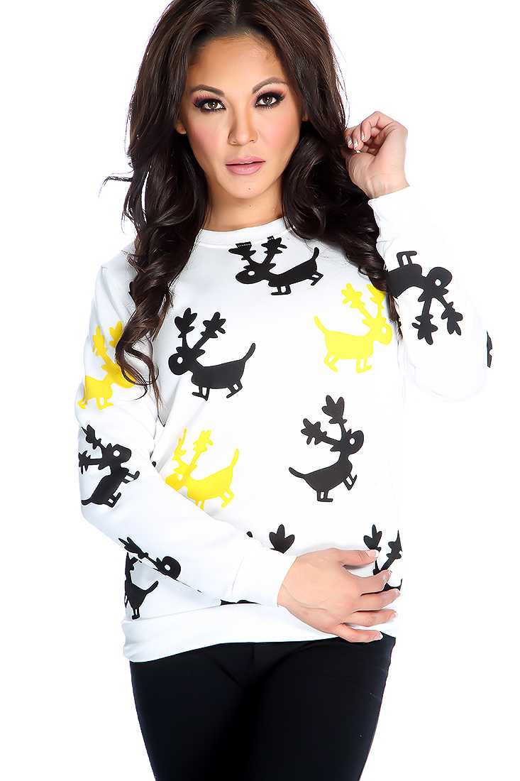 White Long Sleeve Animal Print Sweater