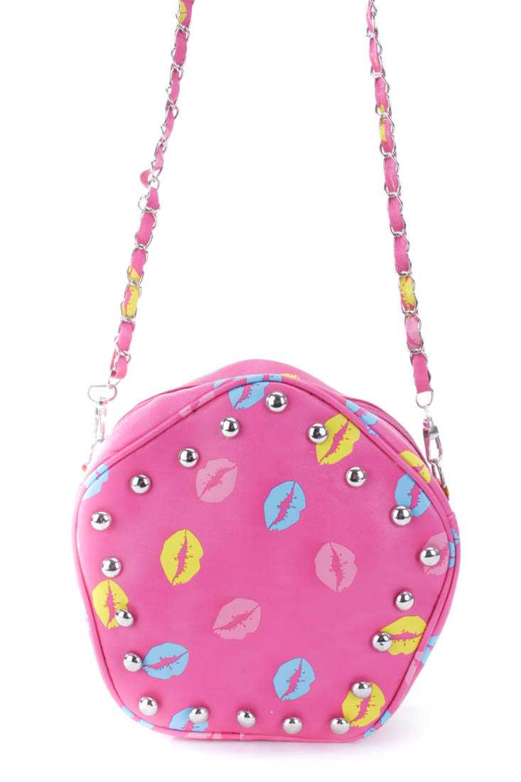 Fuschia Studded Lip Pattern Chainlink Faux Leather Strap Handbag