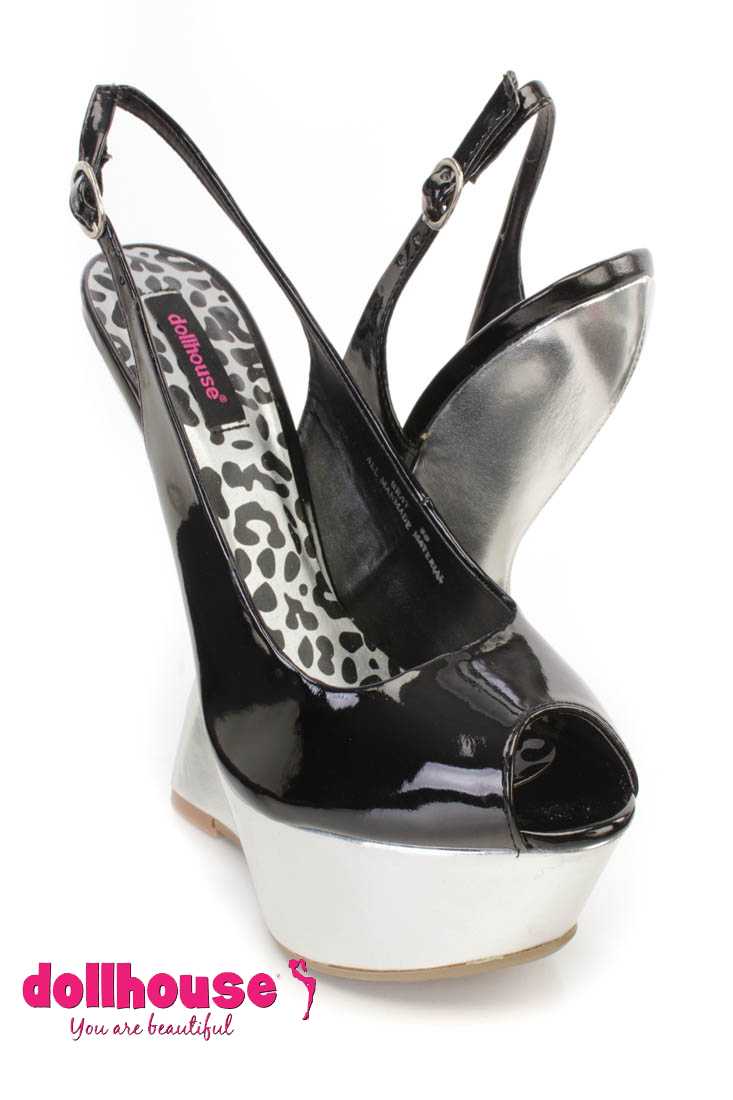Black Peep Toe Slingback Curved Wedges Patent