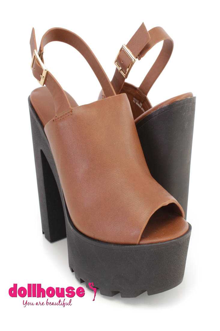 Chestnut Platform Chunky 6 Inch High Heels Faux Leather