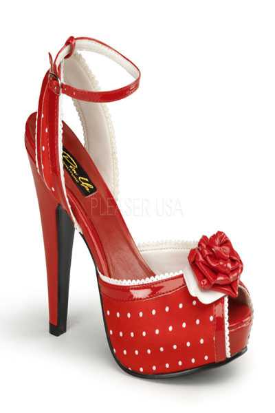 Red Satin Fabric Polka Dot Print Peep Toe Floral High Heels