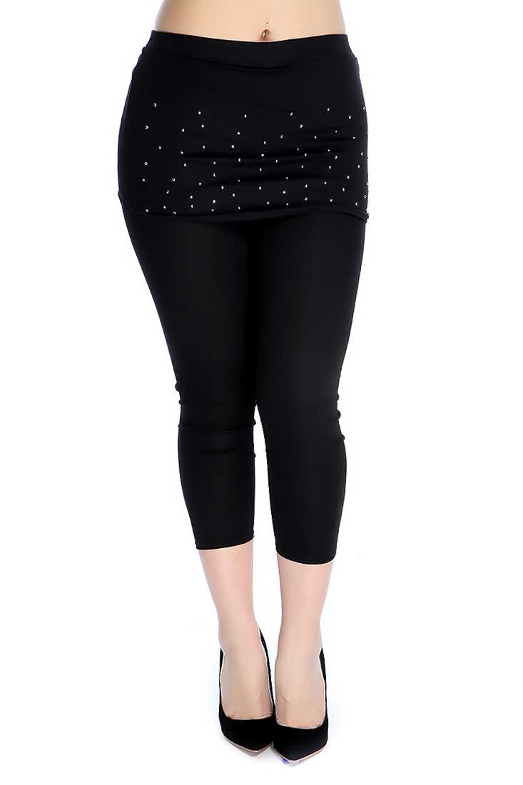 Sexy Black Studded Skirt Overlay Leggings