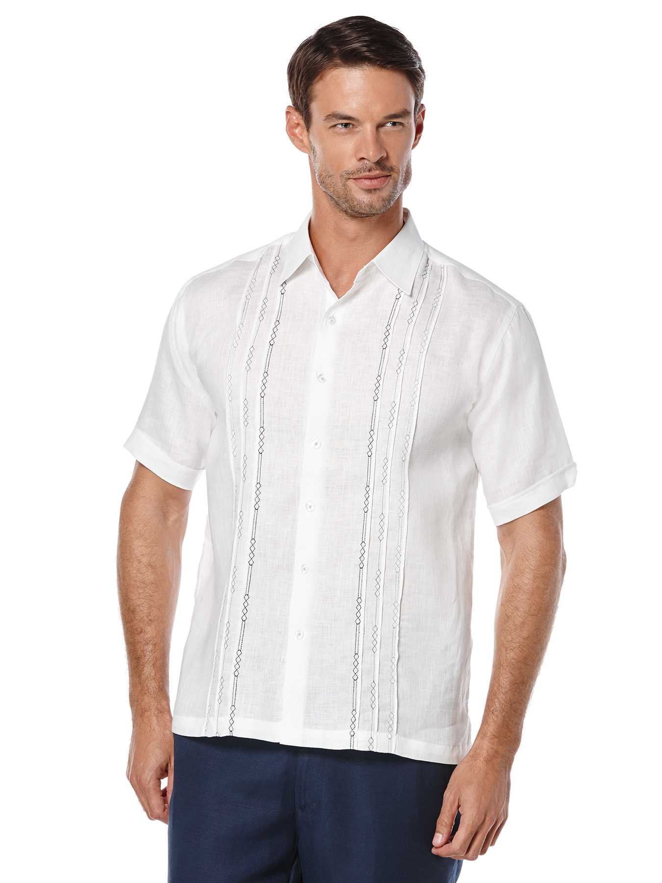 Cubavera Short Sleeve 100% Linen Tuck With Embroidery