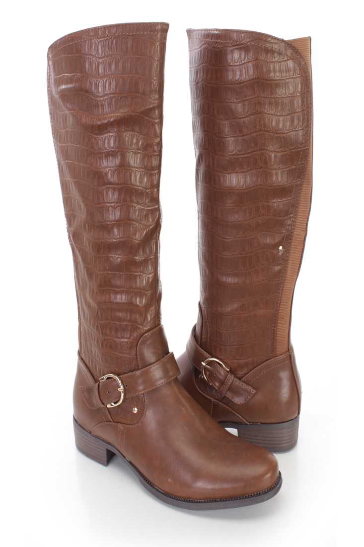 Brown Snake Skin Textured Riding Boots Faux Leather