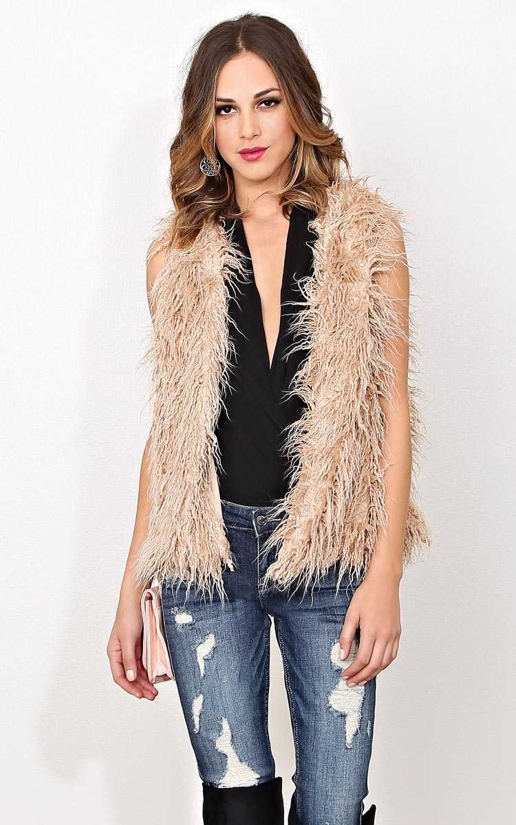 Lorena Faux Shag Fur Vest - MED - Beige in Size Medium by Styles For Less