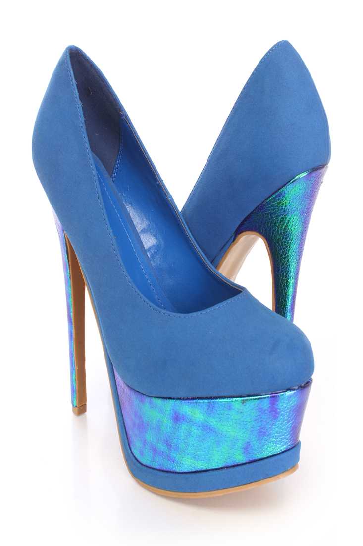 Blue Holographic Platform High Heels Nubuck