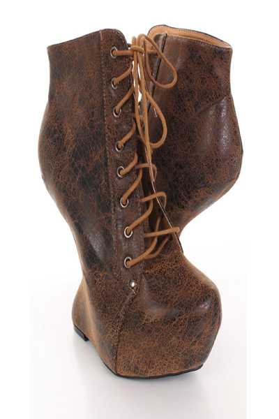 Brown Crinkled Faux Suede Lace Up Anti Gravity Wedges