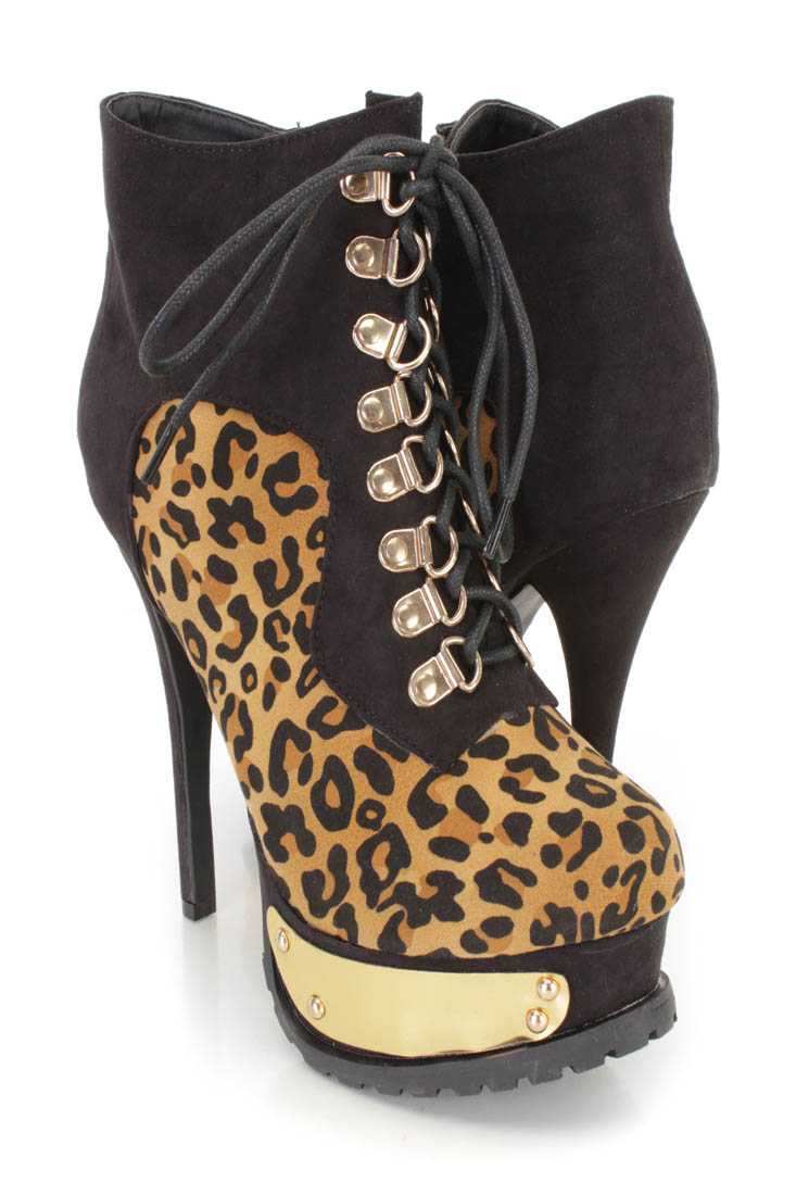 Leopard Print Lace Up Traction Sole Booties Faux Suede