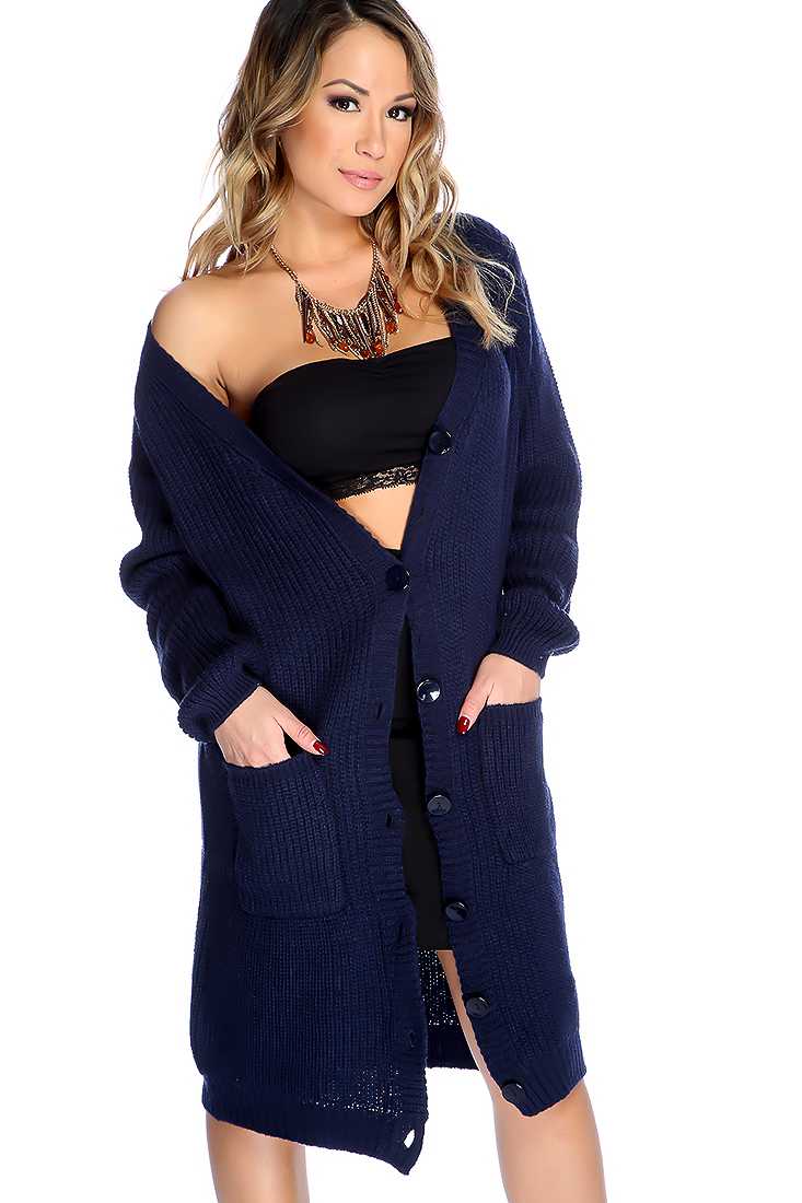Navy Button Up Knitted Long Cardigan Sweater