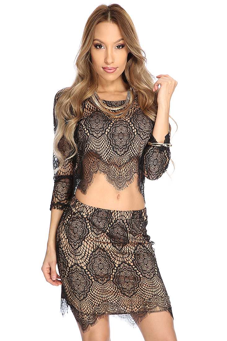 Black Taupe Eyelash Lace Overlay Sexy Outfit
