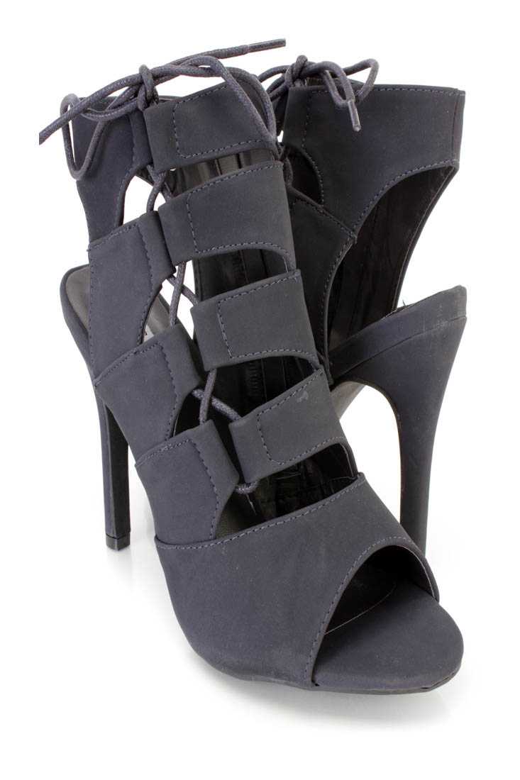 Grey Strappy Lace Up Single Sole Heel Booties Nubuck