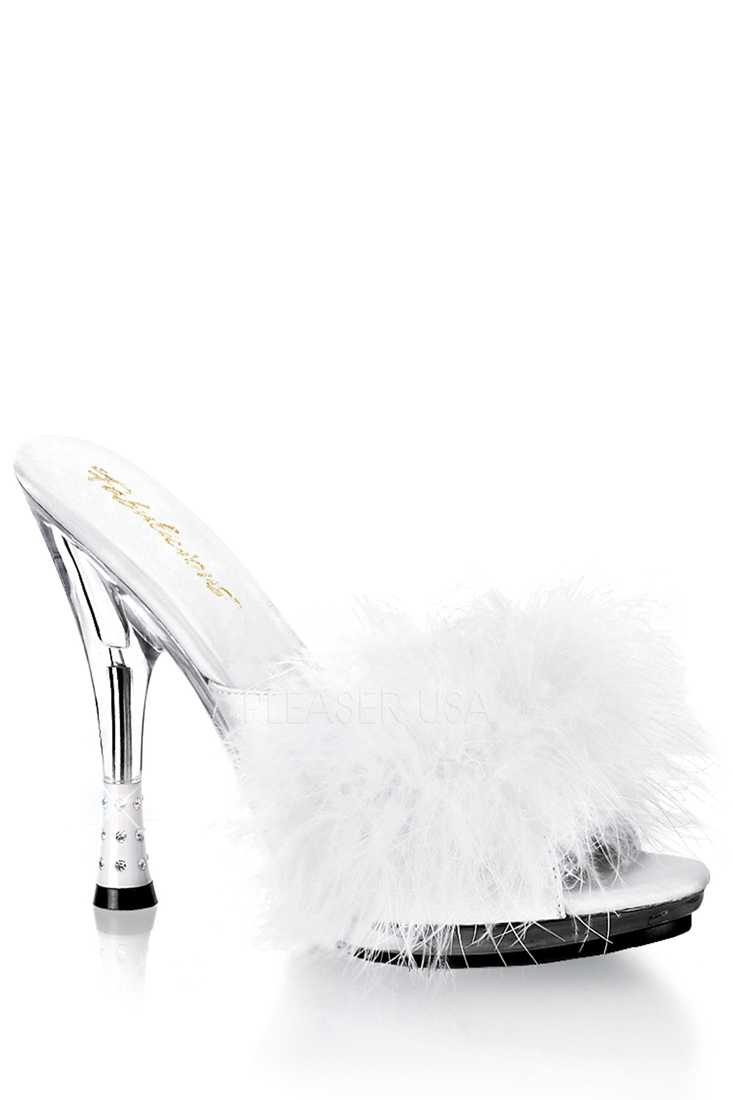 White Marabou Trim Cone Slipper High Heels Satin
