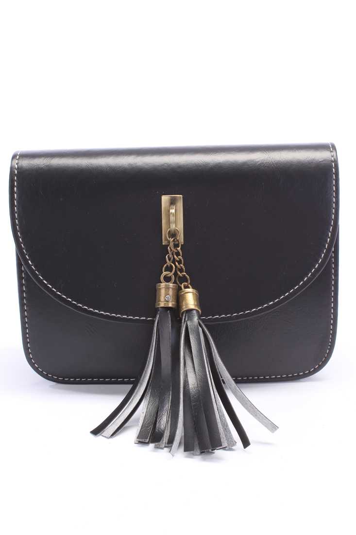 Black Adjustable Shoulder Strap Tassel Accent Antique Metal Detailing Cute Faux Leather Handbag