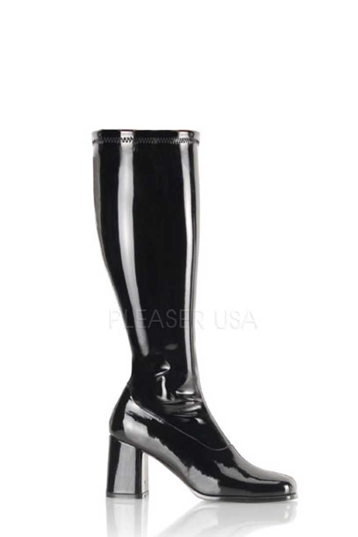 Black Wide Calf Chunky Heel GoGo Boots Patent
