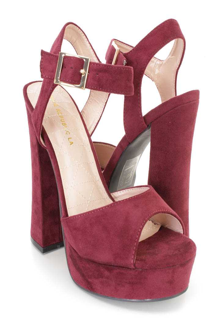 Wine Peep Toe Platform Heels Faux Suede