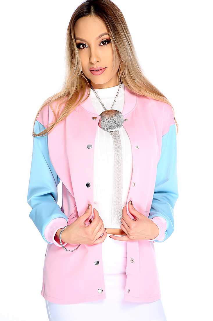 Stylish Pink Light Blue Long Sleeve Two Tone Jacket