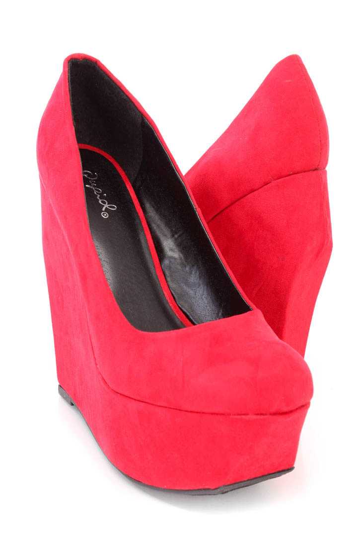 Red Almond Shaped Closed Toe Platform Wedges Faux Suede
