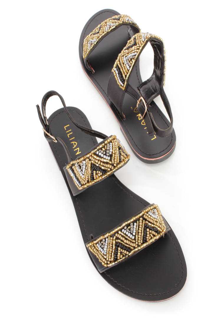 Black Tribal Beaded Strappy Sandals Faux Leather