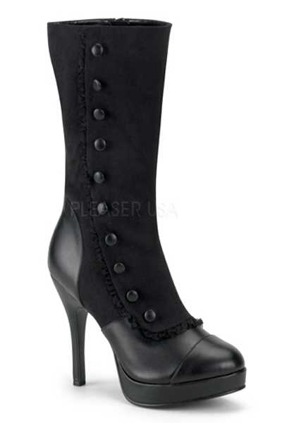 Black Microfiber Faux Leather Ruffle Button Boots