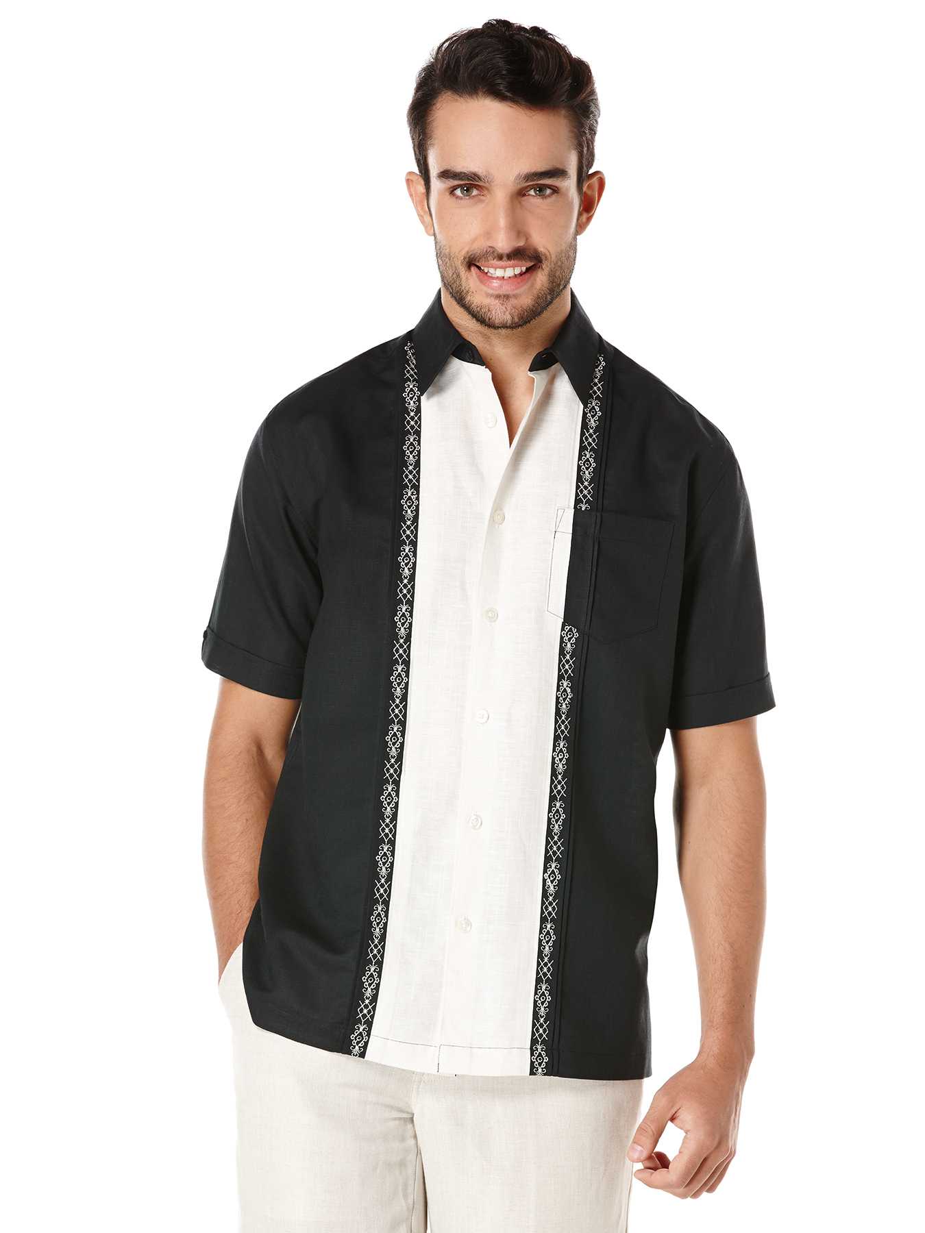 Cubavera Linen Short Sleeve Contrast Tuck Panel With Ornate Embroidery