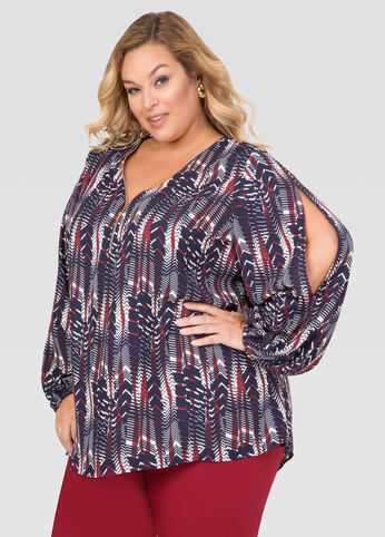 Slit Sleeve Geo Print Blouse