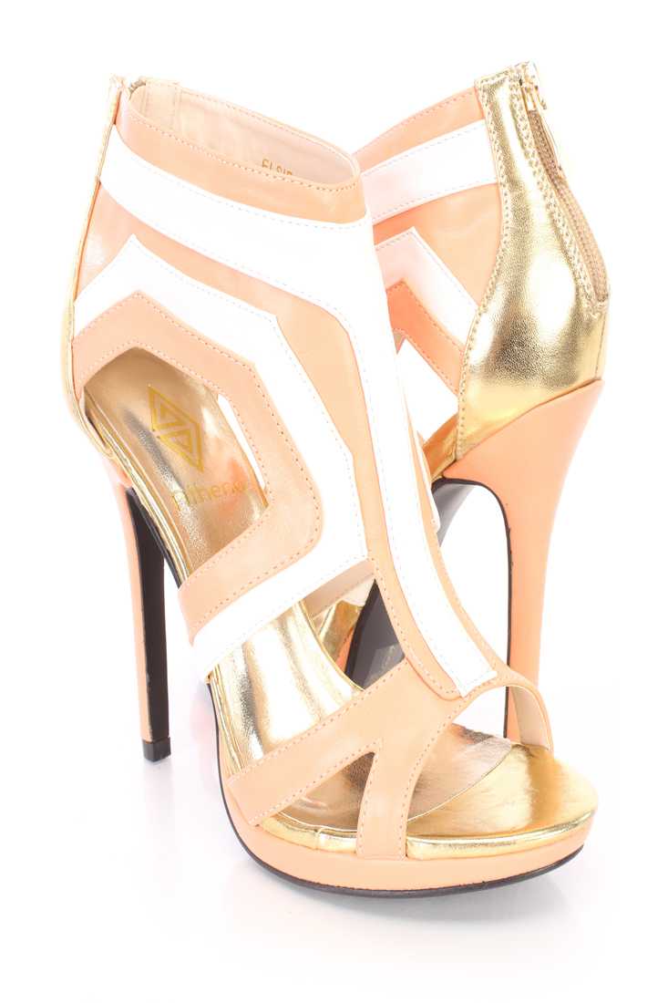 Coral Two Tone Cut Out Peep Toe Booties Faux Leather