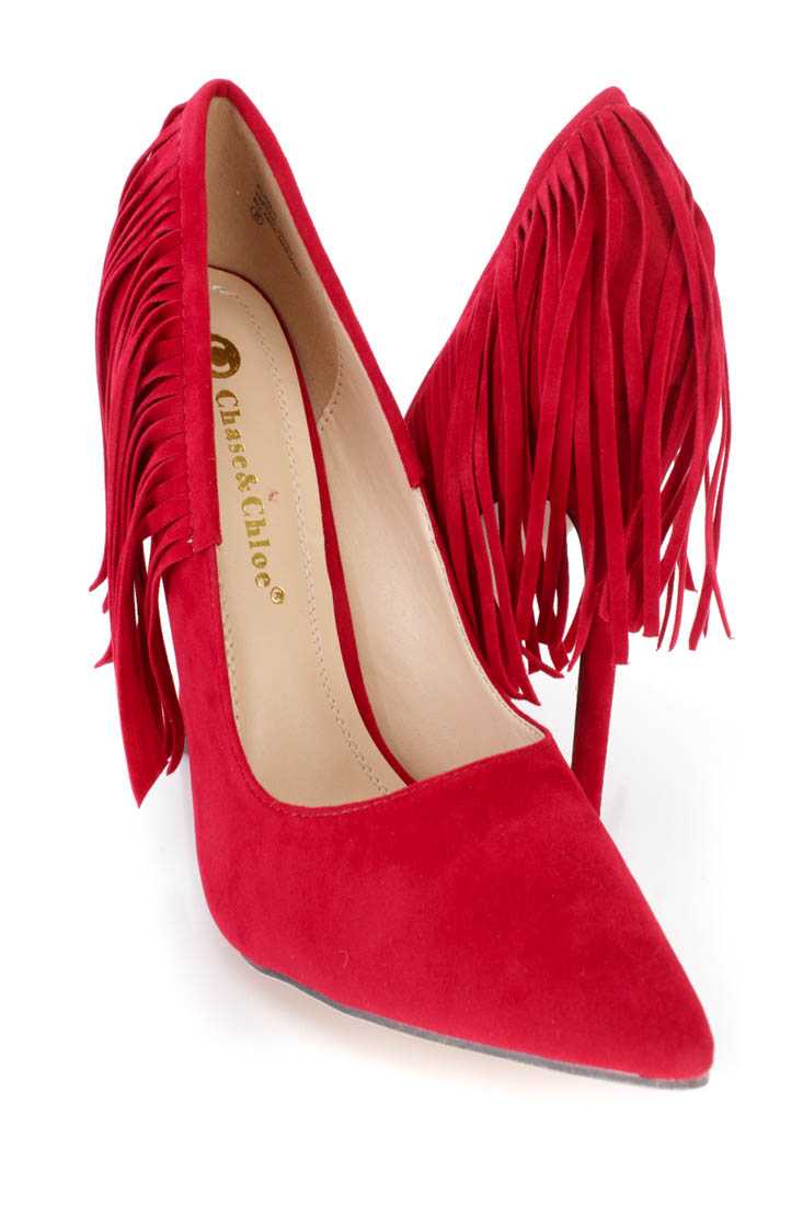 Red Fringe Trimmed Single Sole Pump High Heels Faux Suede