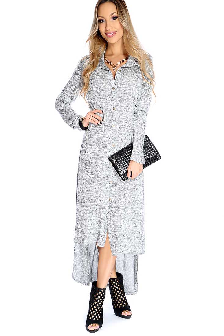 Sexy Grey Long Sleeve V Neck High Low Casual Party Dress