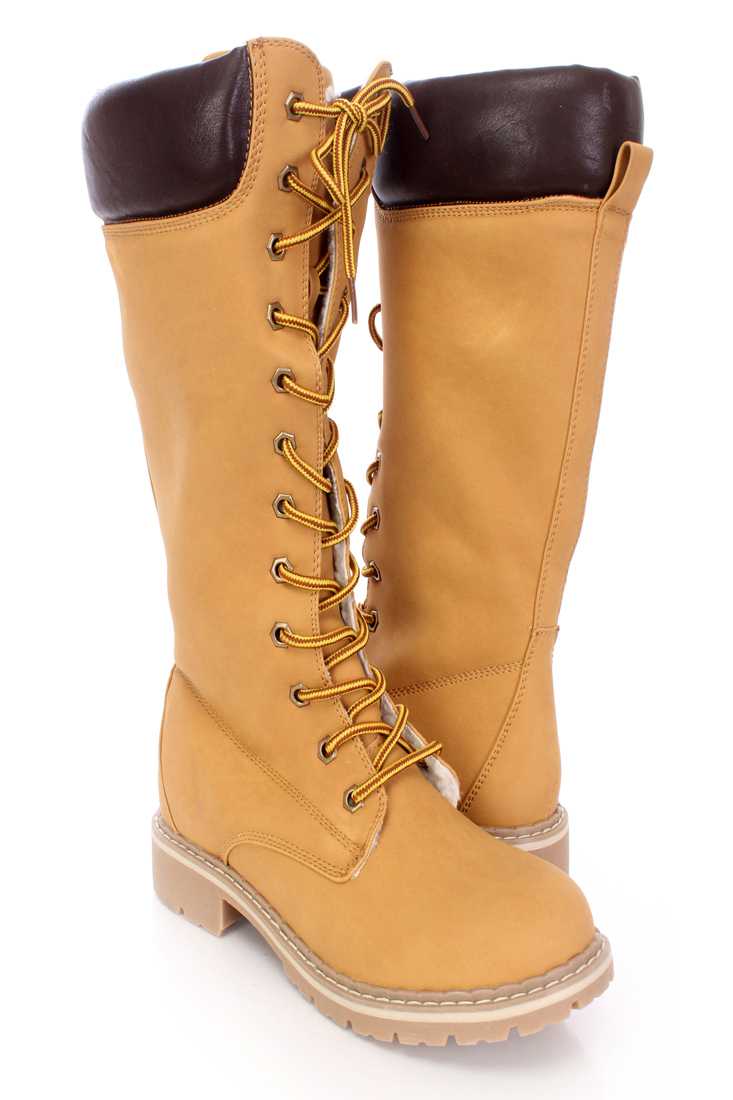 Camel Lace Up Mid Calf Boots Nubuck