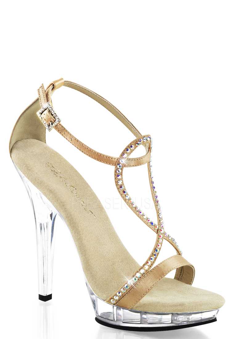 Champagne Rhinestone Strappy High Heels Satin