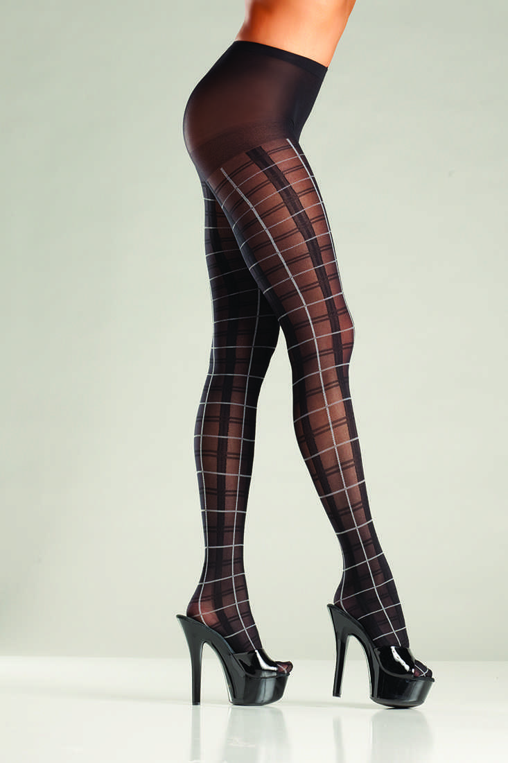 Black Plaid Printed Sheer Pantyhose