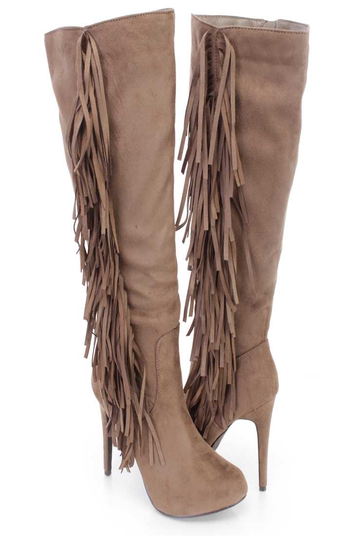 Grey Side Fringe Knee High Boots Faux Suede