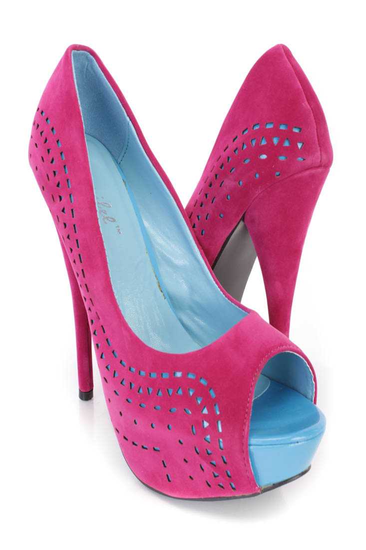 Fuchsia Perforated 6 Inch Pump High Heels Velvet
