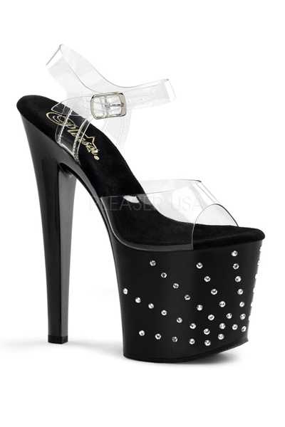 Clear Black Strappy Rhinestone Platform High Heels