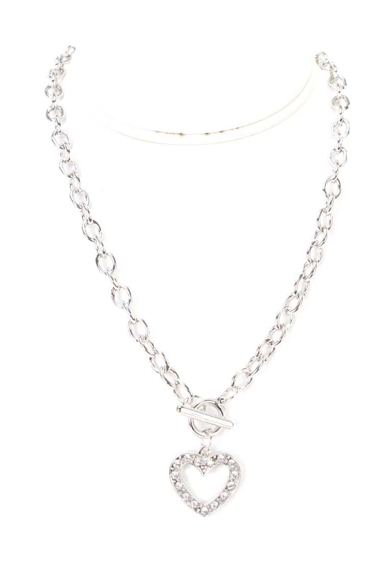 Silver High Polish Chain Rhinestone Heart Pendant Necklace